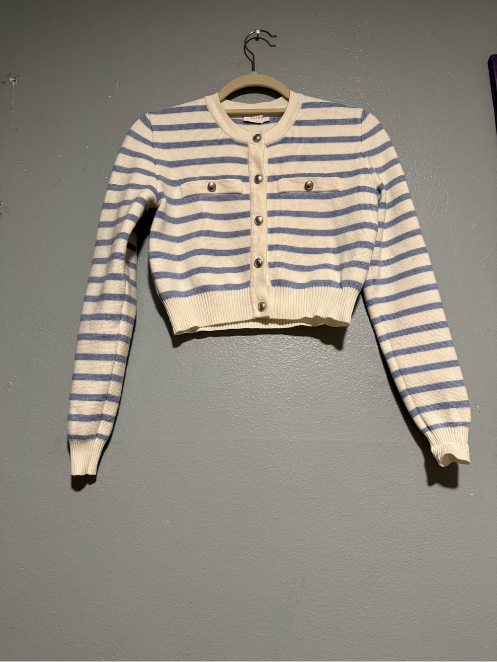 Meshki Cropped Striped Button-Up Cardigan in white  & Light Blue size XS